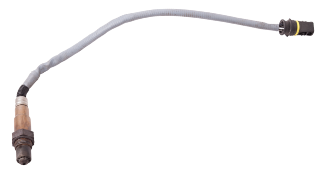 Lambda probe - oxygen sensor device designed to record tamount of remaining oxygen in the exhaust gas of car engine is located in exhaust system. Metal spare part for replacement to repair in workshop