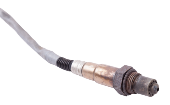 Lambda probe - oxygen sensor device designed to record tamount of remaining oxygen in the exhaust gas of car engine is located in exhaust system. Metal spare part for replacement to repair in workshop