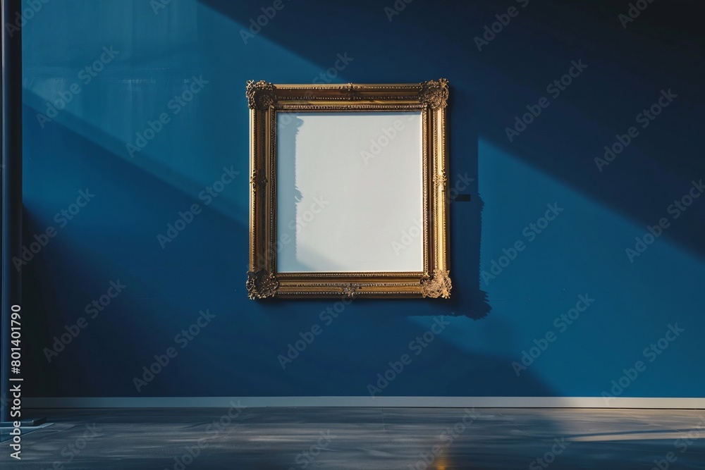 Wall mural Minimalist Interior with Classic Golden Frame on Blue Wall