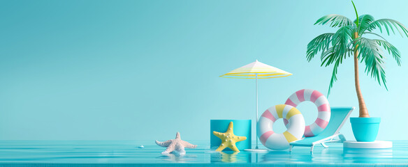 Minimal design of summer scene background wallpaper with deckchair and beach umbrella at swimming pool.vacation and relax concepts design