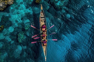 A group of individuals is paddling a boat in the vast ocean