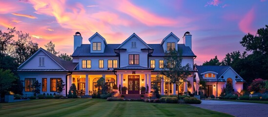 Luxurious Estate Home at Sunset with Vibrant Sky  