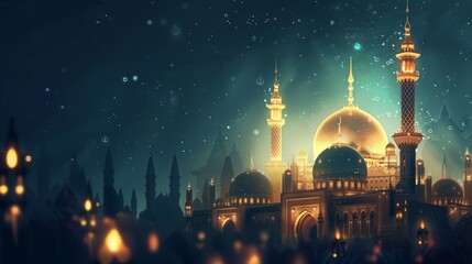 A beautifully illuminated fantasy cityscape with golden domed mosques under a starry night sky.