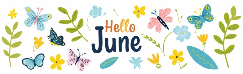 A cute and simple illustration of the text "Hello June" with various flowers, leaves and butterflies in pastel colors on a white background Generative AI