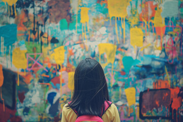 Fototapeta premium A vivid depiction of a woman from behind, looking at a graffiti-filled wall, symbolizing urban art and expression