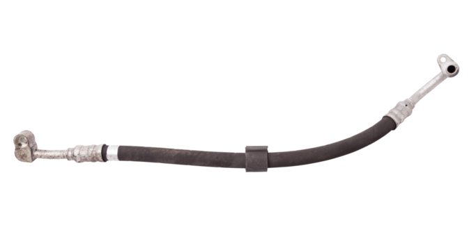 Air conditioning hose for supplying refrigerant or oil for cooling air or heated parts of cars and trucks on a white isolated background. Auto parts catalog.