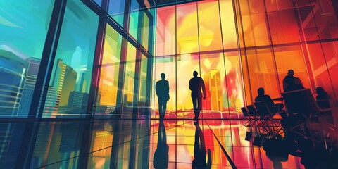 An office space bathed in vibrant colors with people collaboratively working and one figure standing
