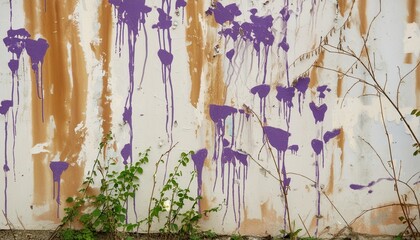 messy paint strokes and smudges on an old painted wall purple beige white color drips flows streaks...