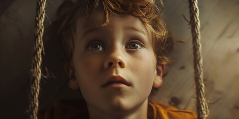 Young boy on a swing looks up with a hopeful expression, vivid background amplifies his curiosity