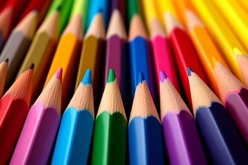 This image captures a macro close-up view of sharp colored pencils points in a variety of hues