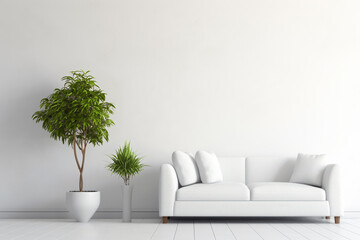 Modern minimalist living room with white sofa and indoor plants