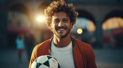 Smiling Young Man with Soccer Ball in City Evening Light