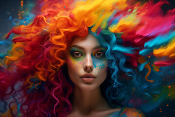 Naklejka premium Stunning artistic portrait of a woman with a vibrant explosion of colorful hair applied digitally
