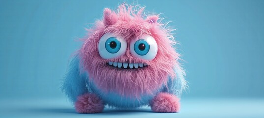 Fototapeta premium Cute furry monster cartoon or book character on pastel background