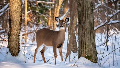 white tailed deer in the snowy forest scene from wisconsin state park