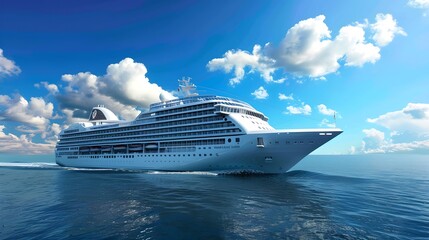 Luxury Cruise Ship Sailing on a Clear Day. Modern Vessel on the Ocean. Holiday Travel Concept with Expansive Blue Sky and Water. Relaxing Vacation Mode. AI