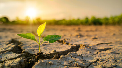 Close-up of small seedling on cracked, barren ground with sky and hot sunlight during the day.