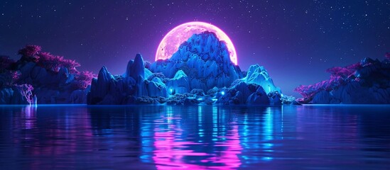 Fototapeta premium Surreal Neon-Lit Fantasy Landscape with Glowing Moon and Mountains