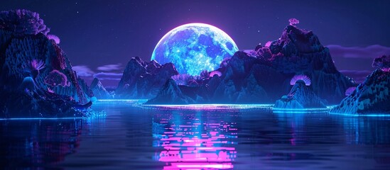 Fantasy Illustration of a Neon-Lit Landscape with a Giant Moon