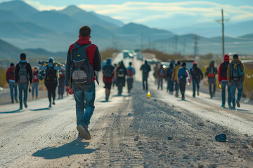 A caravan of migrants walks determinedly on a dusty road towards the distant mountains under a clear sky.