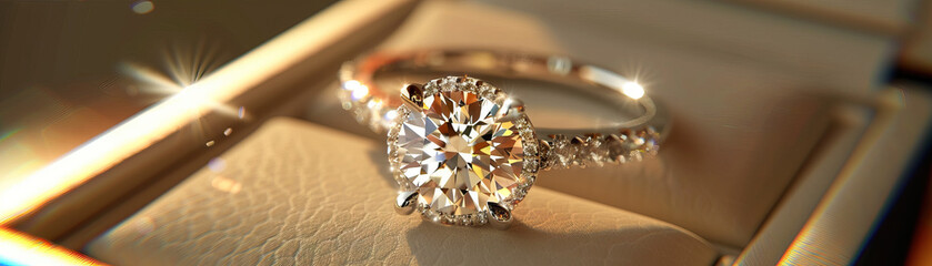 Sparkling Diamond Ring: Close-Up of Shimmering and Textured Diamond Ring in Jewelry Box