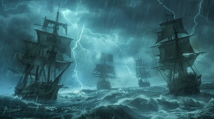 Approaching Danger: A Massive Fleet of Pirate Ships on the Horizon, Sailing Towards the Unknown with Menace and Intrigue in their Wake