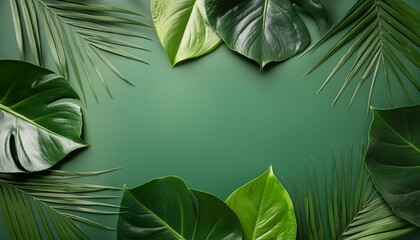 tropical leaf frame on green background with copy space flat lay top view summer or spring nature concept leaves mock up - Powered by Adobe