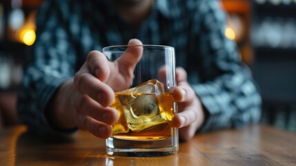 man refuses say no and avoid to drink an alcohol whiskey , stopping hand sign male, alcoholism treatment, alcohol addiction, quit booze, Stop Drinking Alcohol. Refuse Glass liquor, unhealthy, reject
