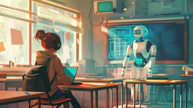 Futuristic robot teacher with student in classroom. Illustration Robotic teaching assistant