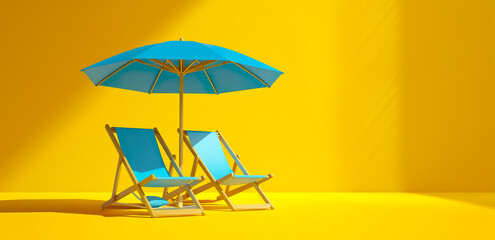 Minimal design of summer scene background wallpaper with people itting on deckchair  with beach umbrella in sunlight mood.vacation and relax concepts design