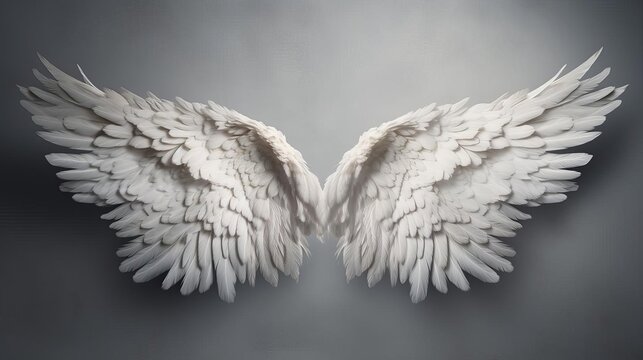 Softfocused minimalistic photo of feathered angel wings spread wide, on a gentle grey backdrop providing subtle space for text