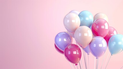 Brilliantly colored balloons in pink, blue, and purple hues against a soft pink background.