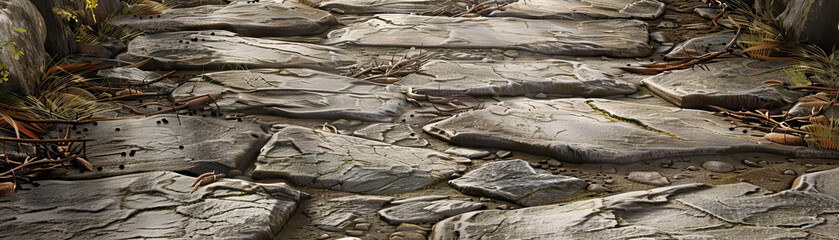 Weathered Stone Pathway: Close-Up of Textured Stone Pathway with Natural Elements