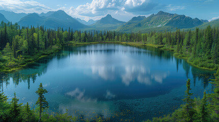  A panoramic view of Alaska's wild beauty, showcasing the pristine wilderness with lush forests and serene lakes reflecting blue sky. Created with Ai