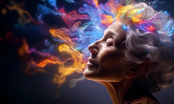 Tranquil elderly woman surrounded by vibrant cosmic colors, capturing a serene moment of inner peace and imaginative wonder