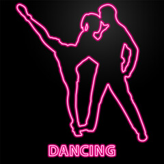 dancers neon sign, modern glowing banner design, colorful modern design trend on black background. Vector illustration.