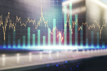 Double exposure of virtual creative financial diagram on contemporary business center exterior background, banking and accounting concept