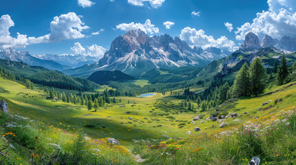 Beautiful green valley with alpine mountains in the background, dolomites of body and face. Created with Ai