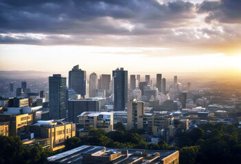 Obraz premium 'sunset evening golden taken skyline city Johannesburg photograph panoramic dramatic beautiful A aerial business modern skyscraper landmark district street scenic yellow light center pink building'