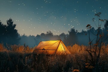 Tent Set Up in Field Under Night Sky