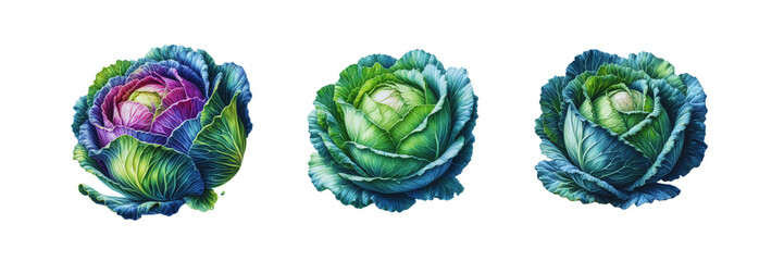 Obraz premium Set of Cabbage watercolor illustration, isolated over on transparent white background
