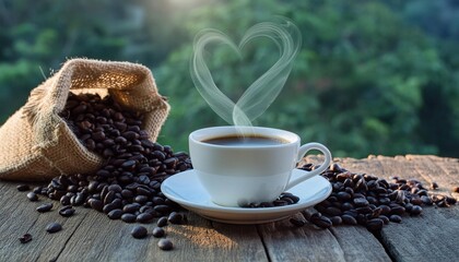 white cup of hot coffee with heart shaped steam on old weathered table with burlap sack and beans - obrazy, fototapety, plakaty