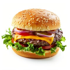 A hamburger with lettuce, tomato, and onions on a bun