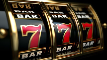 Close-up of a slot machine reels displaying the lucky number 7 and BAR symbols in a luxurious golden and black setting.