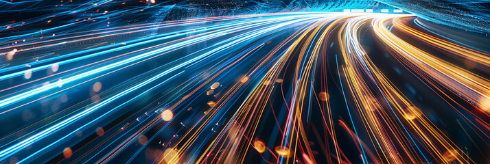 Long exposure of electronic light trails, visualizing internet traffic in a panoramic shot.