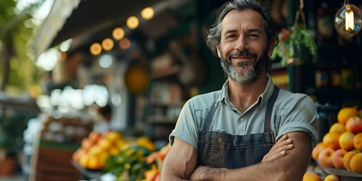 Confident Small Business Owner at Local Produce Market Showcasing Successful Entrepreneurship