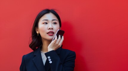 Minimal portrait of contemporary asian businesswoman speaking by smartphone in statement red space, copy space Femininity, feminism and fashion. Copy space.
