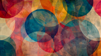 Fototapeta premium Seamless design of overlapping triangles and circles, resembling colorful translucent bubbles, on a textured paper background. 