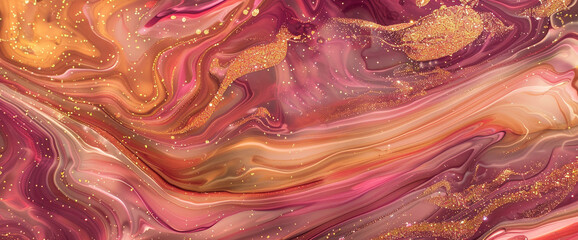 Whimsical tangerine marble ink swirls elegantly within a vibrant abstract landscape, gleaming with radiant glitters.