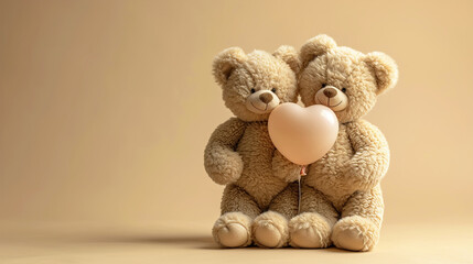 Two Teddy Bears with a Heart-Shaped Balloon on a Light Beige Background with Copy Space 